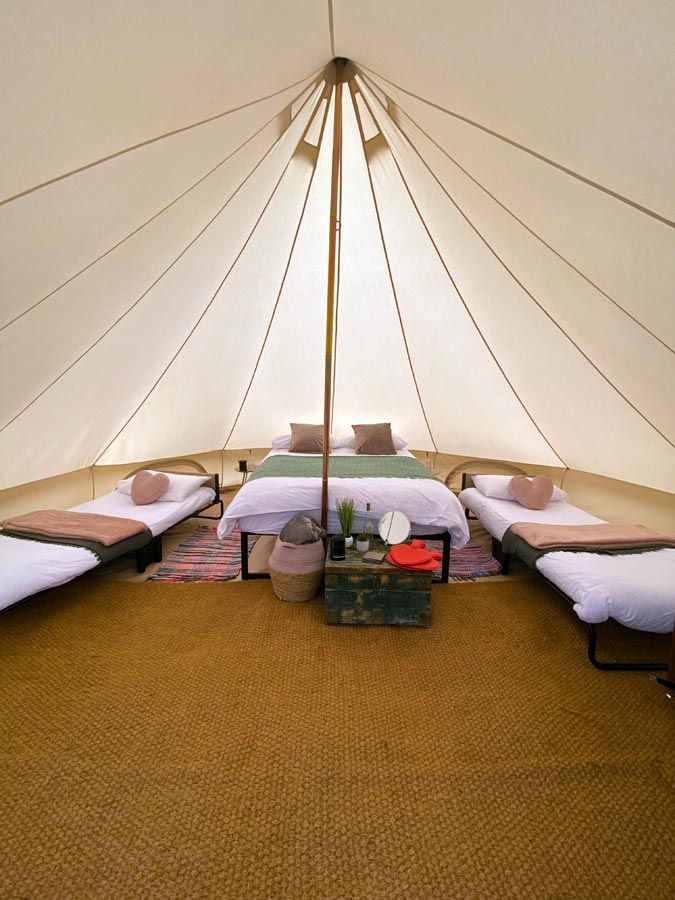 Glamping inside with beds